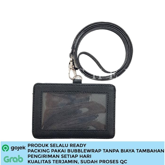 

【YANA-M】COD!!! Name Tag Horizontal Kulit Lanyard Landscape PU Leather ID Card Holder - Hitam
