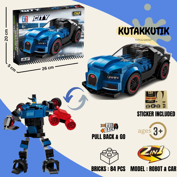 Mainan Edukasi Anak Lego Bricks 2 In 1 Robot Mobil Balap Bugatti Chiron Audi R18 Pull Back Action