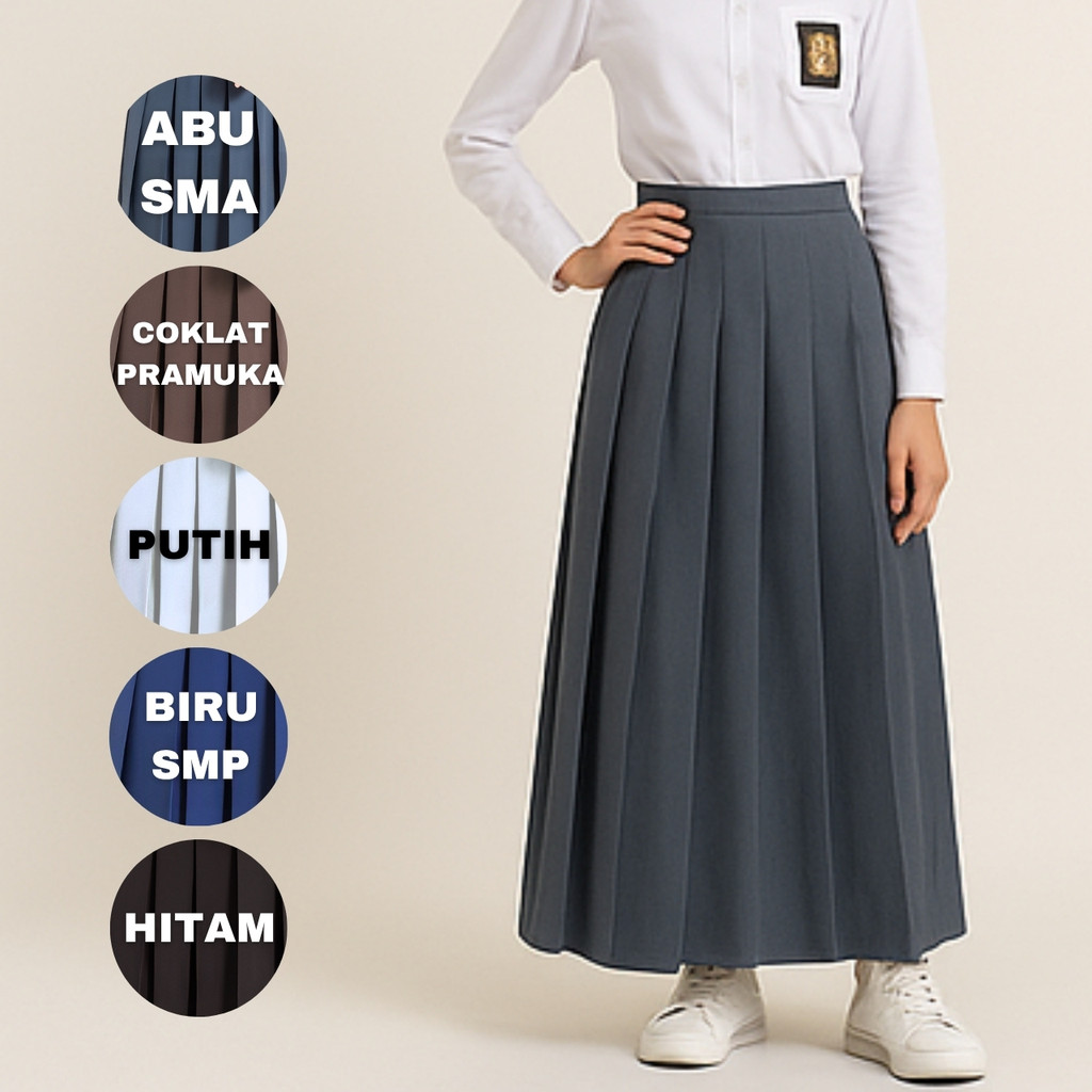 ROK SMA ABU ABU LIPIT PRAMUKA BAPING SERAGAM REMPEL SMP PANJANG BIRU HITAM PUTIH SEKOLAH COKLAT