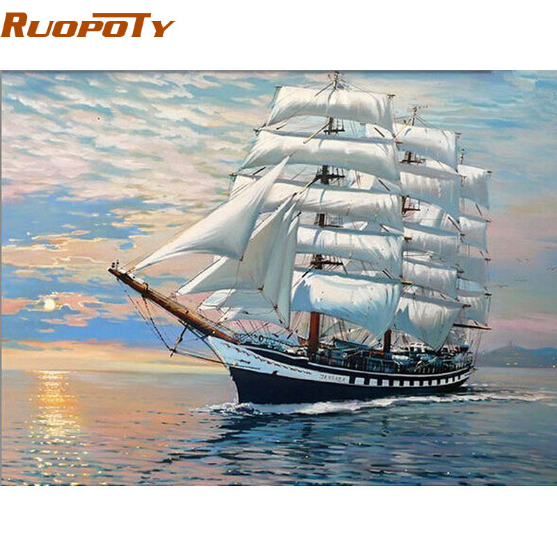 

RUOPOTY Frame Sailing Boat DIY Painting By Number Modern Abstract Handpainted Oil Painting Home Decoration For Wall Art Picture