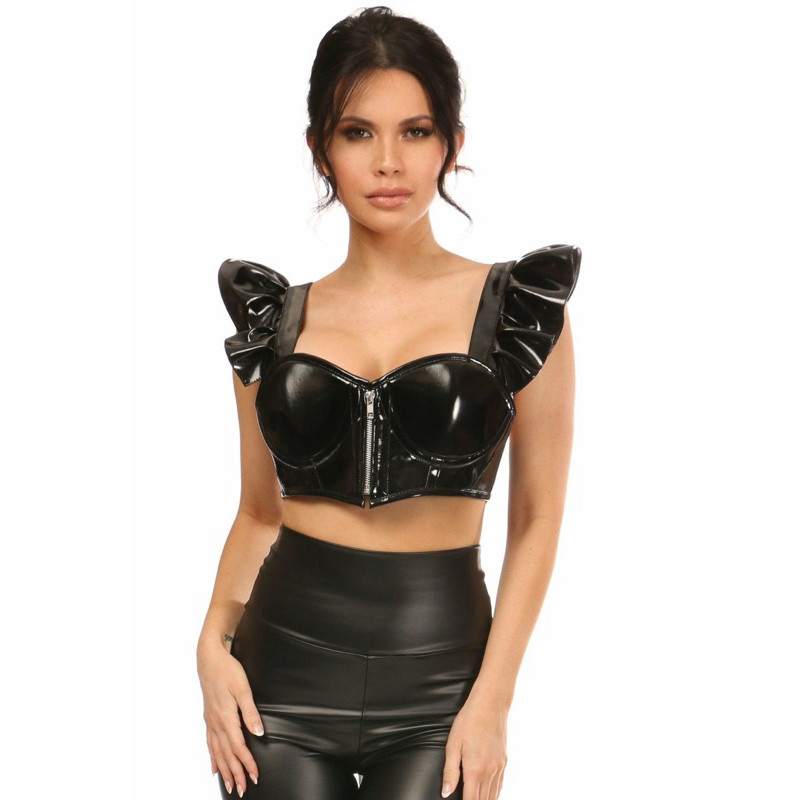 Dzakileather-Wanita Korset Kulit Atasan Crop Bustier Gothic Bra Korset Lingerie Seksi Korset Pendek 