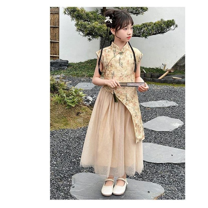 Setelan Rok Cheongsam Imlek CNY Qibao Anak Remaja Perempuan Impor Gold - 120