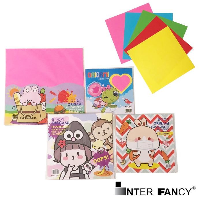 

Origami / Kertas Melipat / Kertas Pekerjaan Tangan 2 Sisi / Muka belakang warna yang sama Fluorescent ada 4 ukuran, tiap Pak berisi 25 Lembar, Terdiri dari Warna Kuning, Merah, Pink, Biru, Hijau. Dimensi Kotak sama Sisi 12 cm 14 cm 16 cm 20 cm.