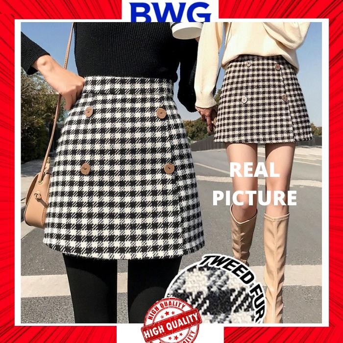 Jolie Tweed Skirt Korean Plaid Mini Skirt Rok Pendek Tartan Korea - Black, S