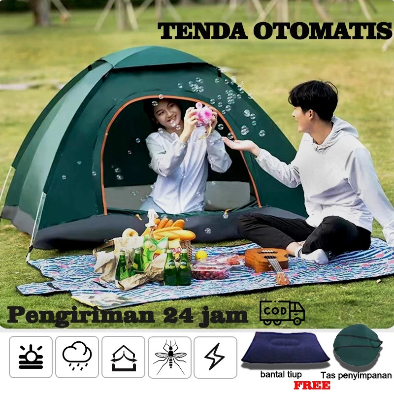 Tenda Camping 2*2M Kemah Luar Ruangan Anti UV, Tahan Air, Anti Serangga Tenda 3 - 4 Orang, Tenda Hij