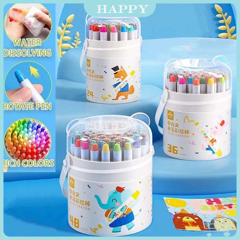 

Ready Washable Silky Crayon 12 / 24 / 36 / 48 Warna Colorful Bucket Krayon Mewarnai Alat Warna Set Anak Wipe and Clean