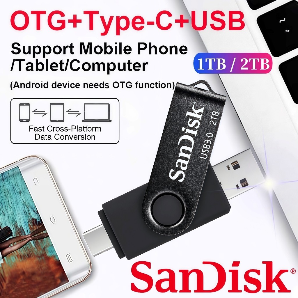 AL Fashionable Store SanDisk Flashdisk OTG Dual Drive USB3.0+Type C 1TB/2TB USB Flash Drive untuk An
