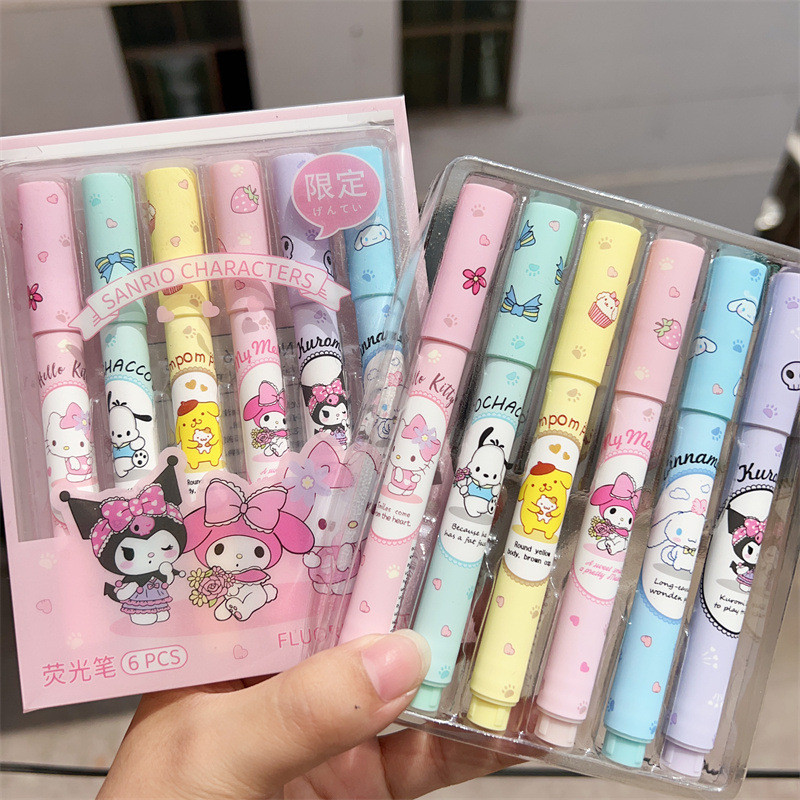 

6pcs Kawaii Kuromi Highlighter Pen Set Cartoon Hello Kitty Melody Cinnamoroll Student Drawing Pen School Office Stationery Gifts