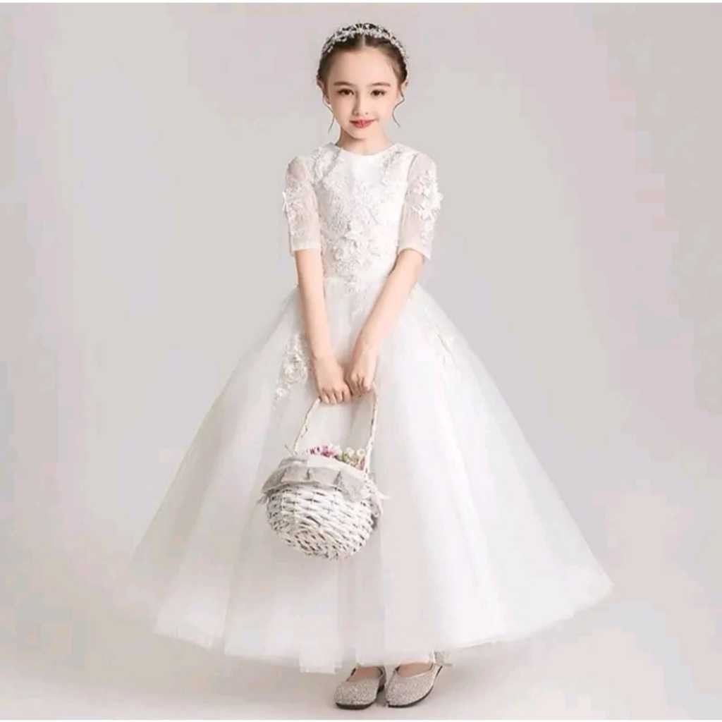 (USIA 4/5TH) LONGDRESS BUNGA TIMBUL TILE KOMBINASI BRUKAT PUTIH ABU DUSTY PINK