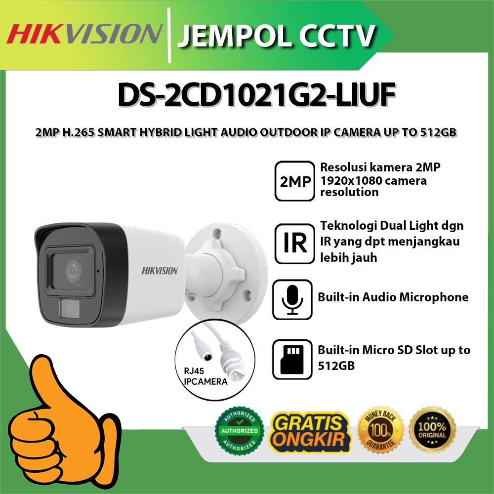 HIKVISION DS-2CD1021G2-LIUF 2MP H.265 SMART HYBRID LIGHT AUDIO OUTDOOR IP CAMERA UP TO 512GB