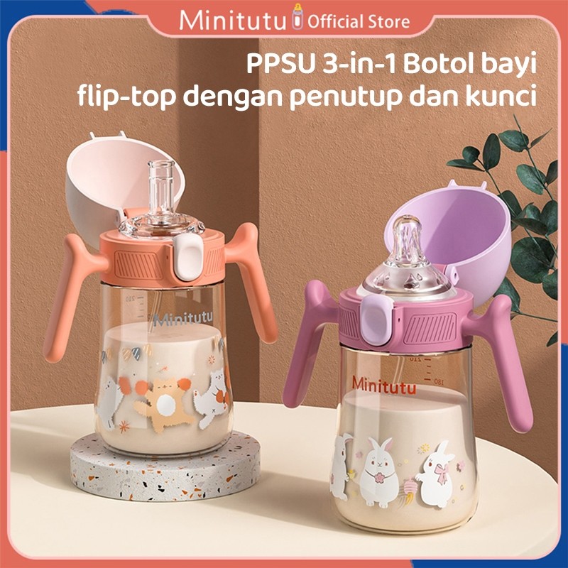 Minitutu 300ML/240ML botol minum bayi botol susu anak 1 tahun Botol Susu Bayi Bahan PP/PPSU 3IN1 leh