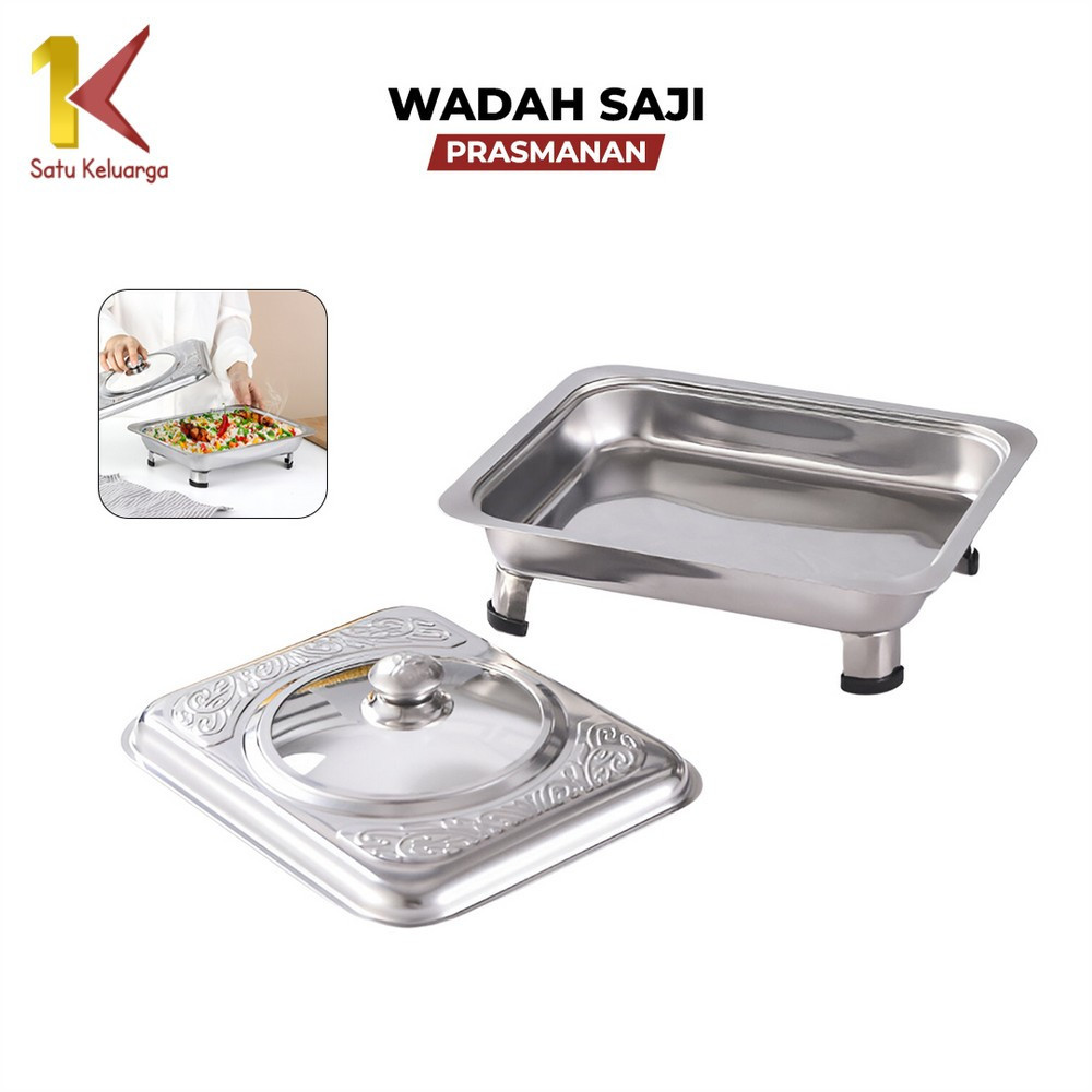 Satu Keluarga Tempat Prasmanan Stainless Tutup Kaca C1237 Set Wadah Saji Lauk Sayuran Motif Ukiran