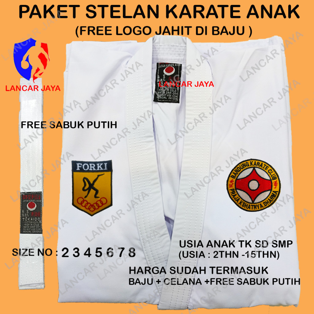 BAJU KARATE ANAK STELAN FREE LOGO BKC (BANDUNG KARATE CLUB )+SABUK PUTIH