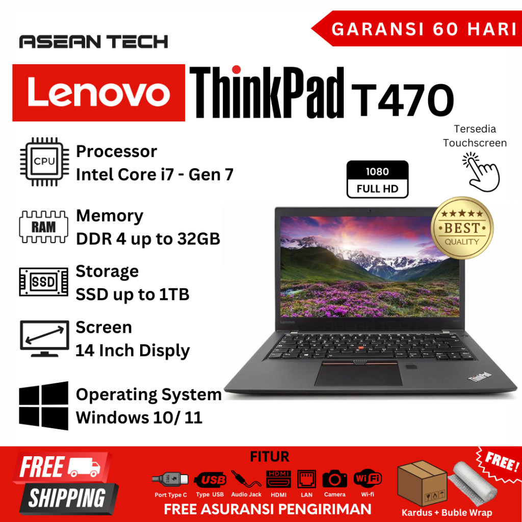 Laptop 14" Lenovo Thinkpad T470s T470 Touch Core i7/ i5 Ram 16GB SSD 1TB - Second  BerCO