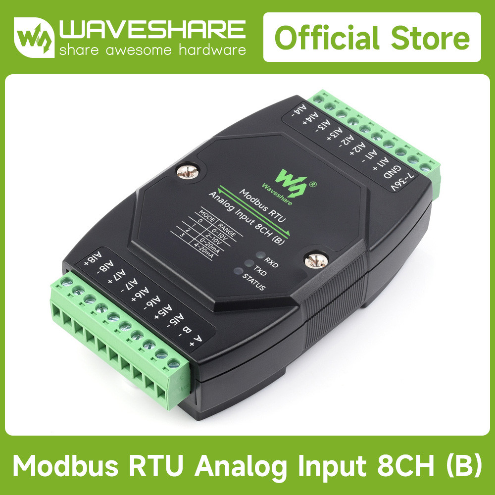 Waveshare Industrial Modbus RTU Analog Input 8CH, Modbus RTU, 12-bit High-precision, Supports Voltag