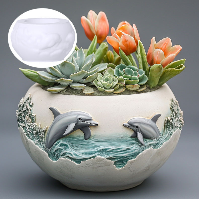 

Couple dolphin relief succulent plant flowerpot resin silicone mold ocean wave animal dolphin storage box candle cup gypsum mold