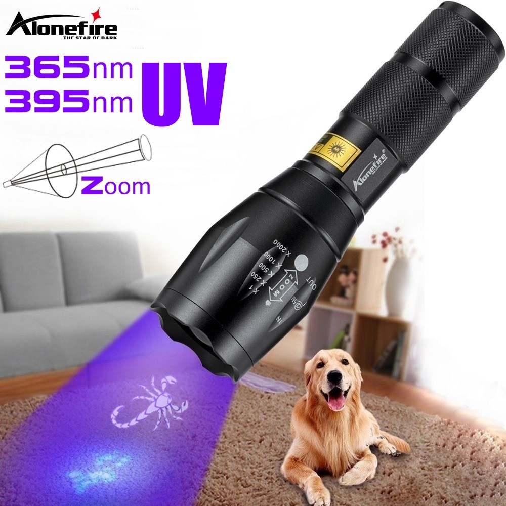 

Zoom UV LED Flashlight 365nm 395nm Invisible Ink Marker Cat Dog Urine Tinea Ore Money Scorpion Fluorescence Light Use AAA 18650