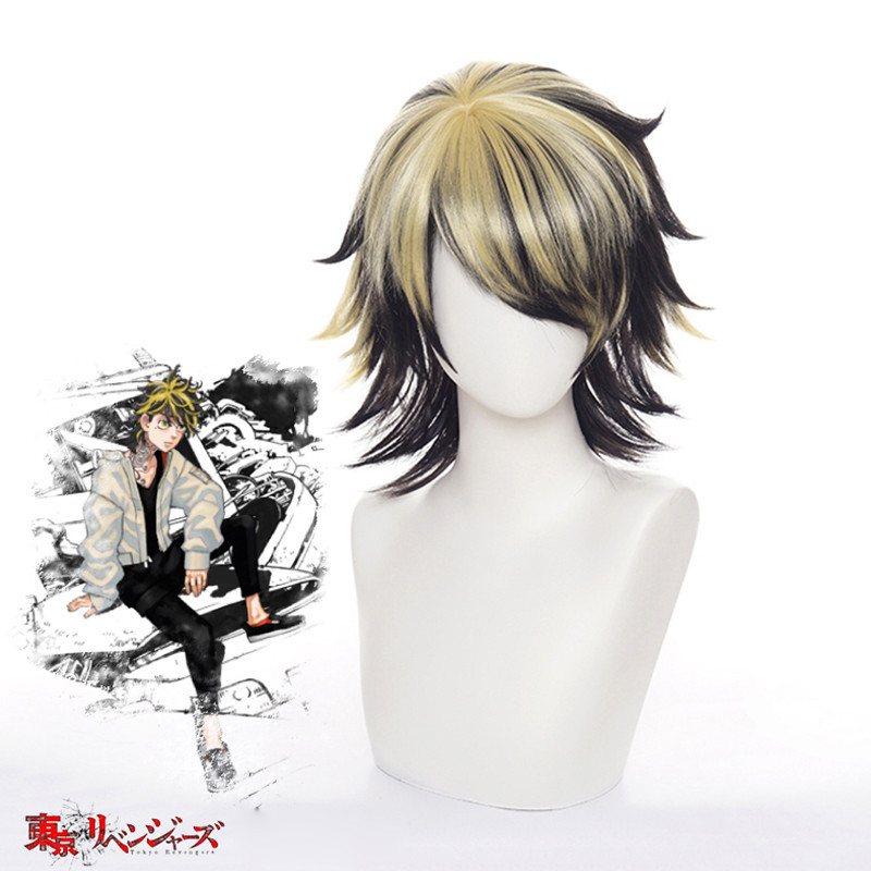 New Anime Tokyo Revengers Hanemiya Kazutora Cosplay Wig Black Golden Short Wig Tokyo Manji Gang Capt