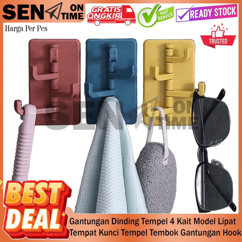 Gantungan Tempel 4 Kait Lipat Hook Kunci Dinding Tembok Lemari Meja Kamar Mandi Dapur Pintu Wastafel