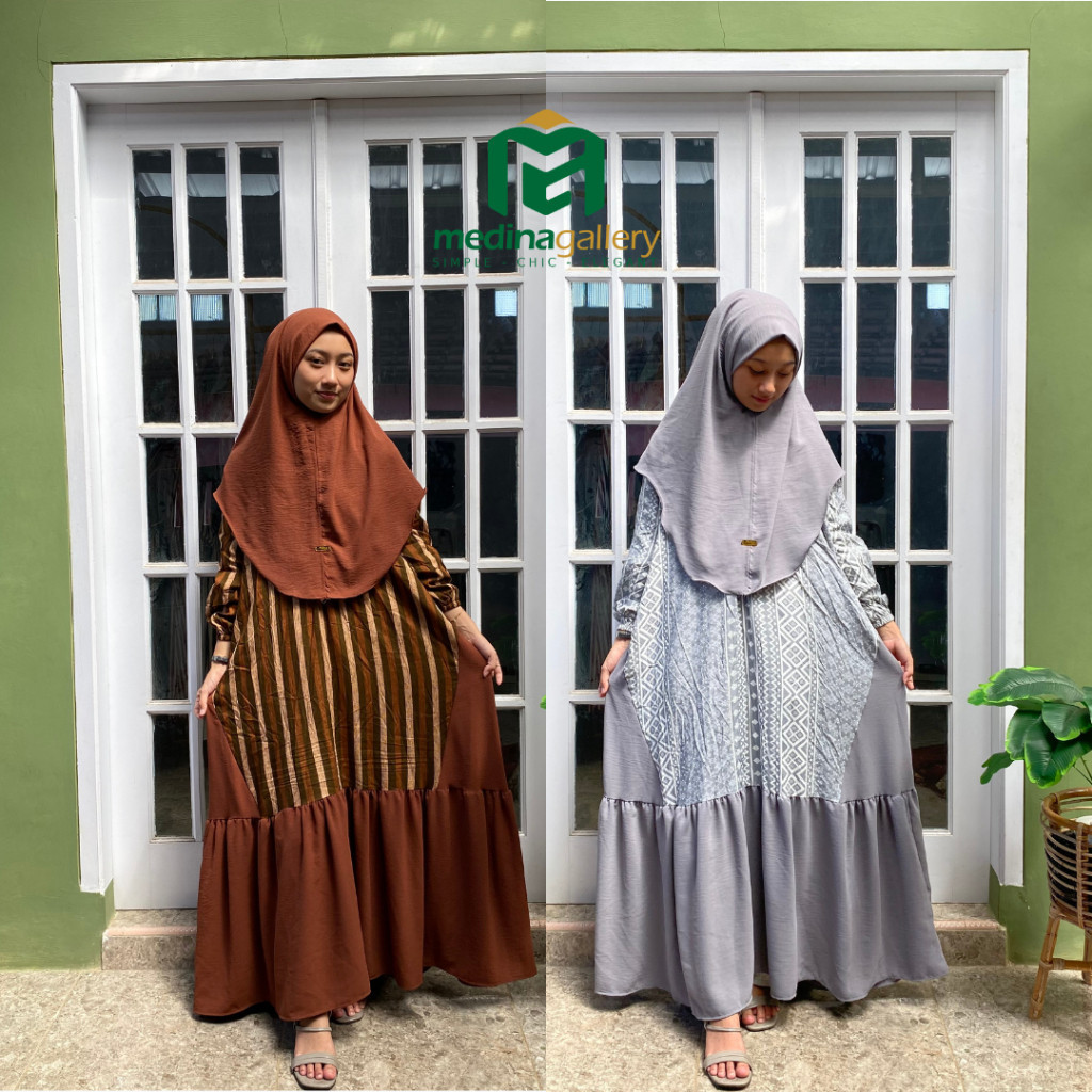 Safwah Set Rayon Premium Mix Crinkle Airflow - Gamis Kombinasi Set Bergo - Gdme
