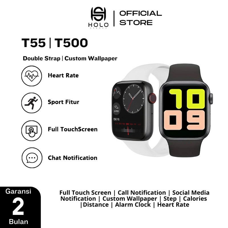 HOLO Smartwatch T55 / T500 / I8 Ultra Big 2.0 Free TWS + 2 Tali Single Strap / Double Strap Original