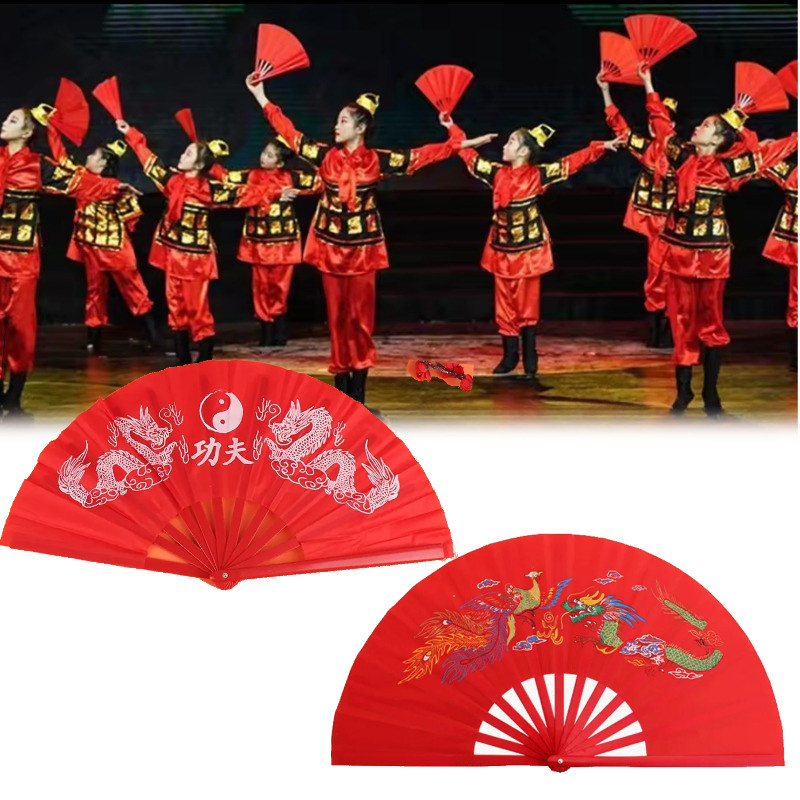 Kipas Kungfu 65Cm/Kipas Naga/Kipas Merah Tari//Kipas Taichi Merah/Kipas Kain Naga Burung Cina/Kipas