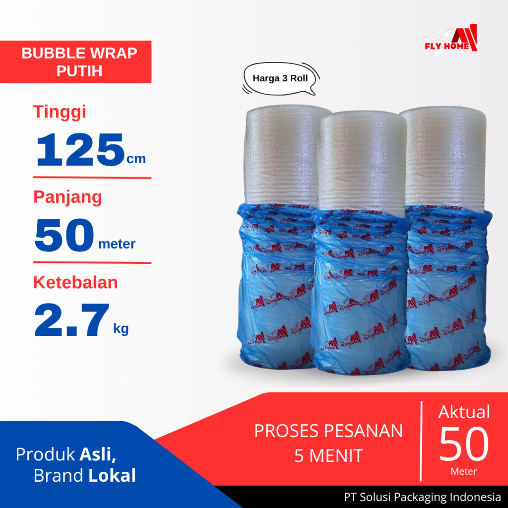 

FLYHOME Bubble wrap putih 2,7kg 3 roll besar buble wrap 125x50meter Instan