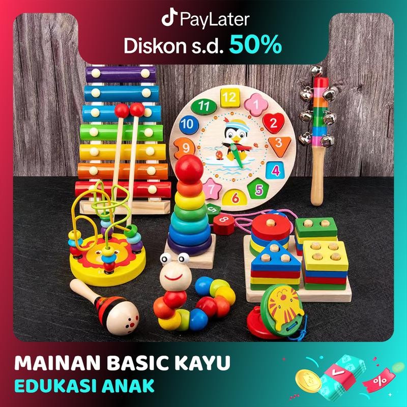

TAIYO Mainan Anak Basic Kayu Edukasi Sensory Montessori Mini Round Beads Jam Puzzle 3D Shape Geometri Xylophone Kado Toys