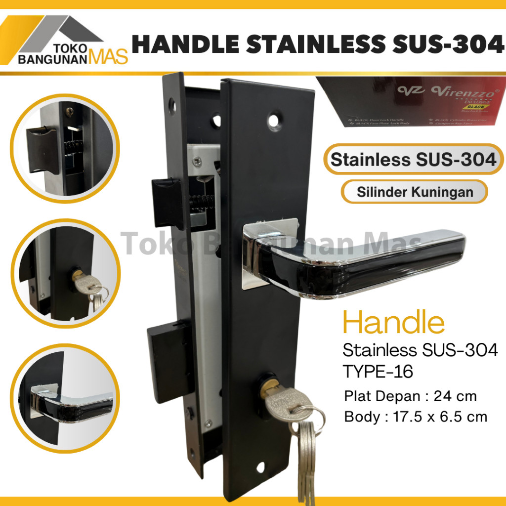 HANDLE PINTU RUMAH STAINLESS BLACK DOFF Virenzzo SUS-304 / Kunci Pintu Rumah Stainless SUS-304