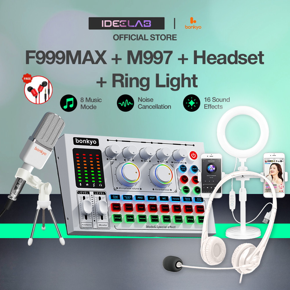 IDEELAB&Bonkyo F999MAX soundcard + M997 microphone + earphone + fill light live broadcast equipment 