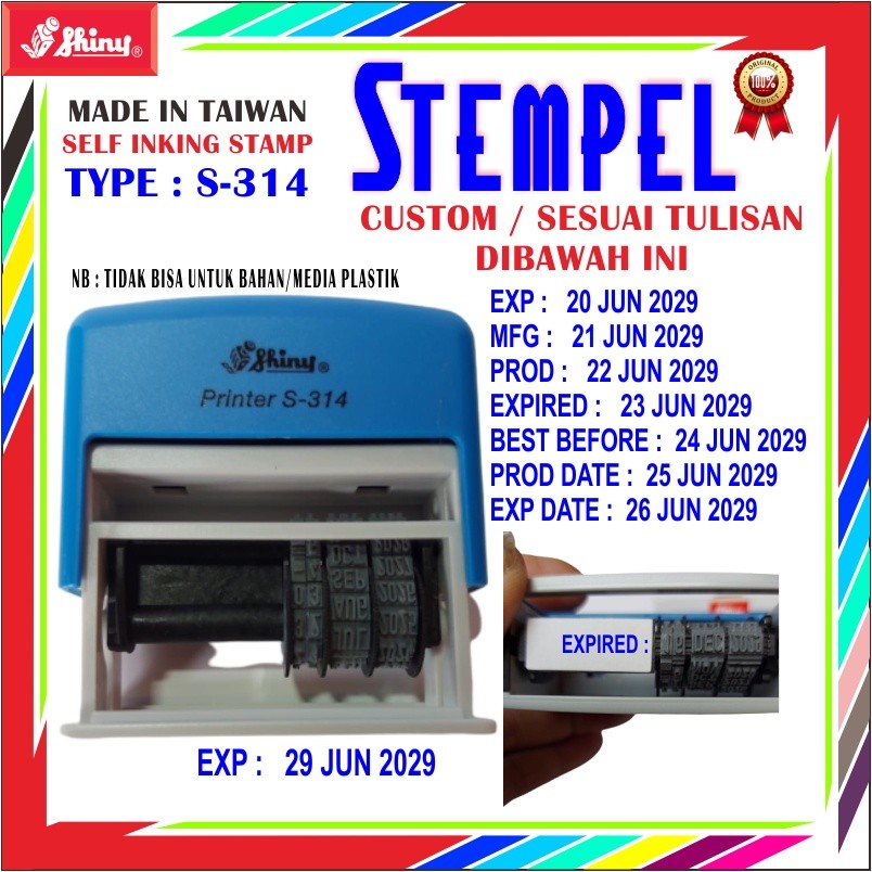 

STEMPEL SHINY S-314 KODE PRODUKSI TANGGAL EXP DATE EXPIRED OTOMATIS TOKO KANTOR