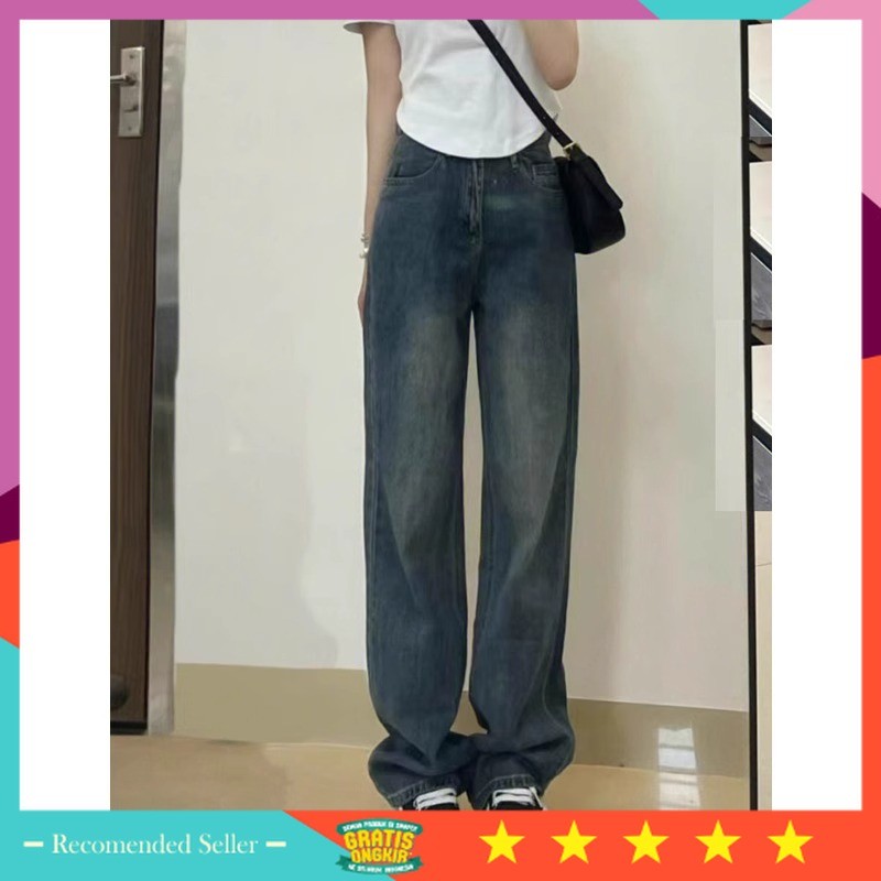 Bawahan Wanita Korean Style Murah / Biru Retro Celana Jeans Wanita Premium Celana Jeans Lurus Longga
