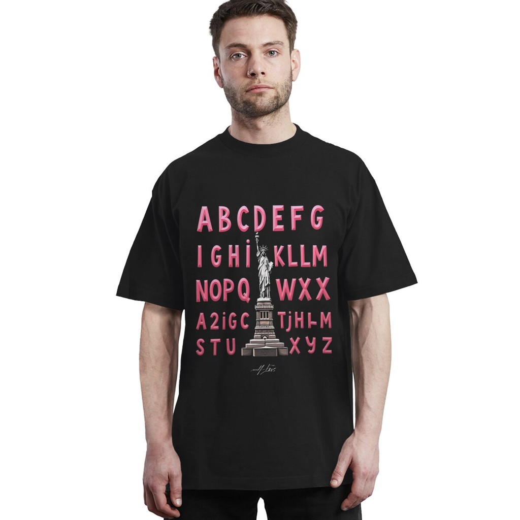 Patung Liberty Alphabet sepanjang musim 200g kapas tunggal sisi dicetak kru leher pendek lengan baju