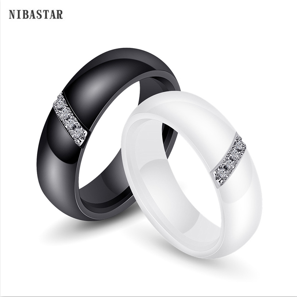 

NIBASTAR Fashion 6mm Black White Ceramic Ring For Women Inlaid Stone Crystal Comfort Wedding Rings Engagement Brand Jewelry