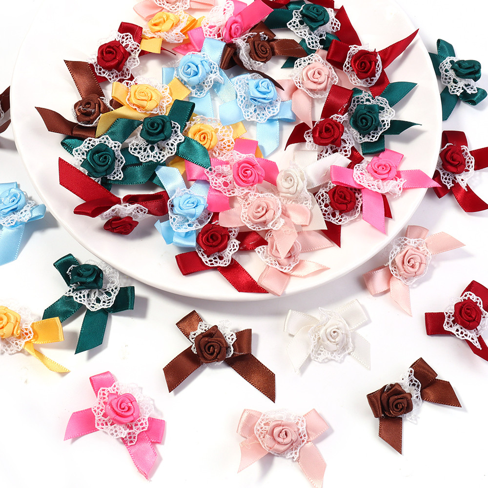 

10pcs Lace Satin Ribbon Bows Flower 35mm Hand Bow-knot Tie Small Polyester Bows for Crafts Party Decor Accessories