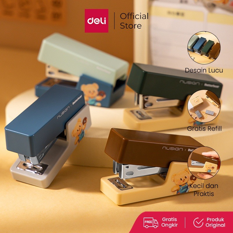 

Deli x Butterbear Stapler / Stapler Mini Kapasitas Kertas 12 lembar 4 Warna Free Refill NS083-B