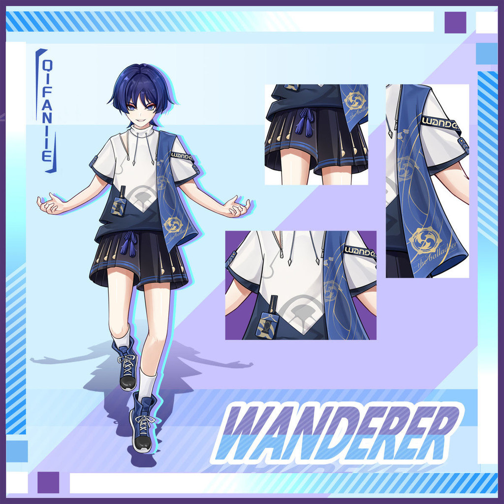 Genshin Impact Wanderer Balladeer Cosplay T-Shirt and Shorts Tops Pant Costume Short Sleeve Summer S