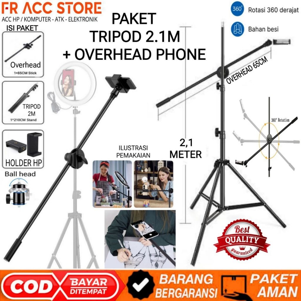 Overhead Stick Tripod HP + Tripod 2.1 Meter lampu Ring Light 1 Paket LENGKAPCO