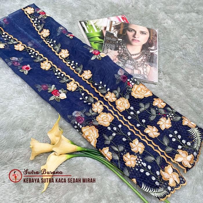 KAIN Kebaya Bordir Bali Kebaya Encim Sutra Kaca Sedah Mirah - NAVY GOLD
