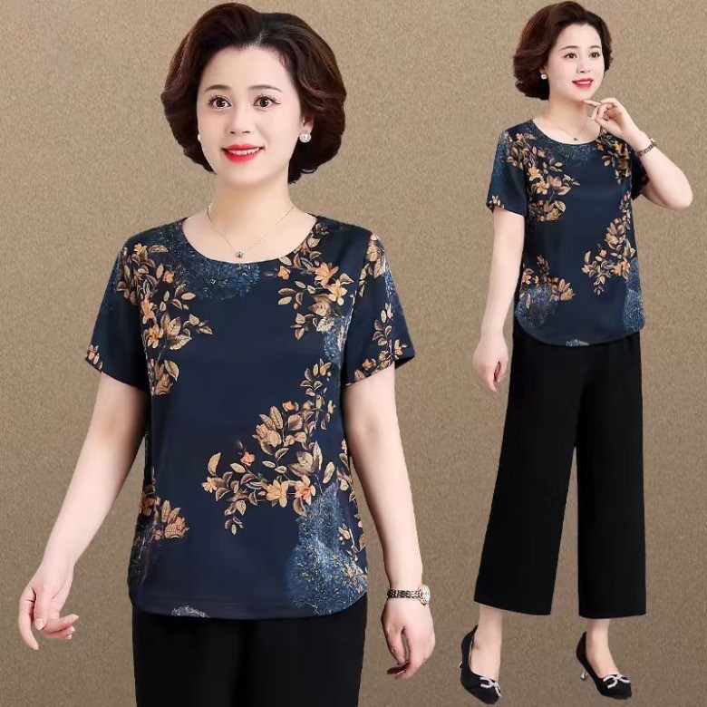 Blus untuk wanita ibu sutra es sifon lengan pendek