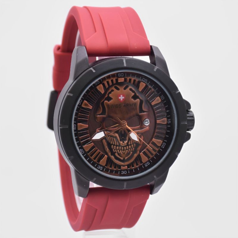 Grosir Jam Tangan Pria Terbaru Swiss AAA Motif Tengkorak Mode Bulat Analog Tanggal On Tali Rubber Ka