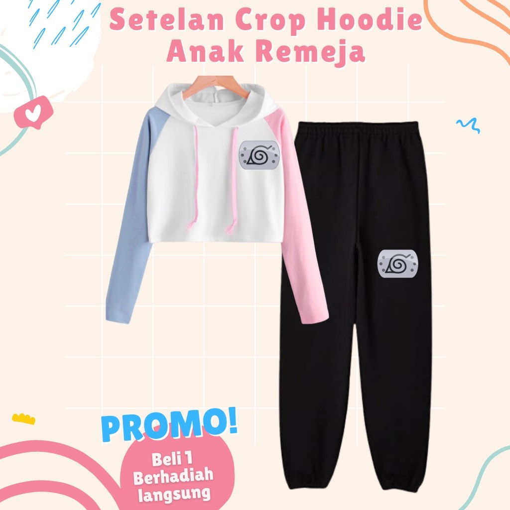 【HOT】 Setelan Wanita Kekinian 1 Set Baju Dan Celana Sweater Crop Hoodie Kombinasi Dan Celana Jogger 