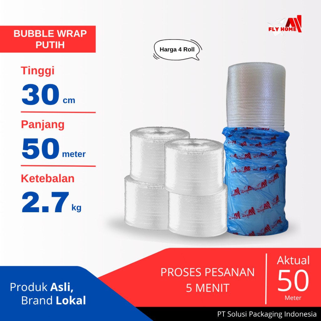 

FLYHOME Bubble wrap putih 2,7kg potongan 30cm 4 roll besar 30x50meter