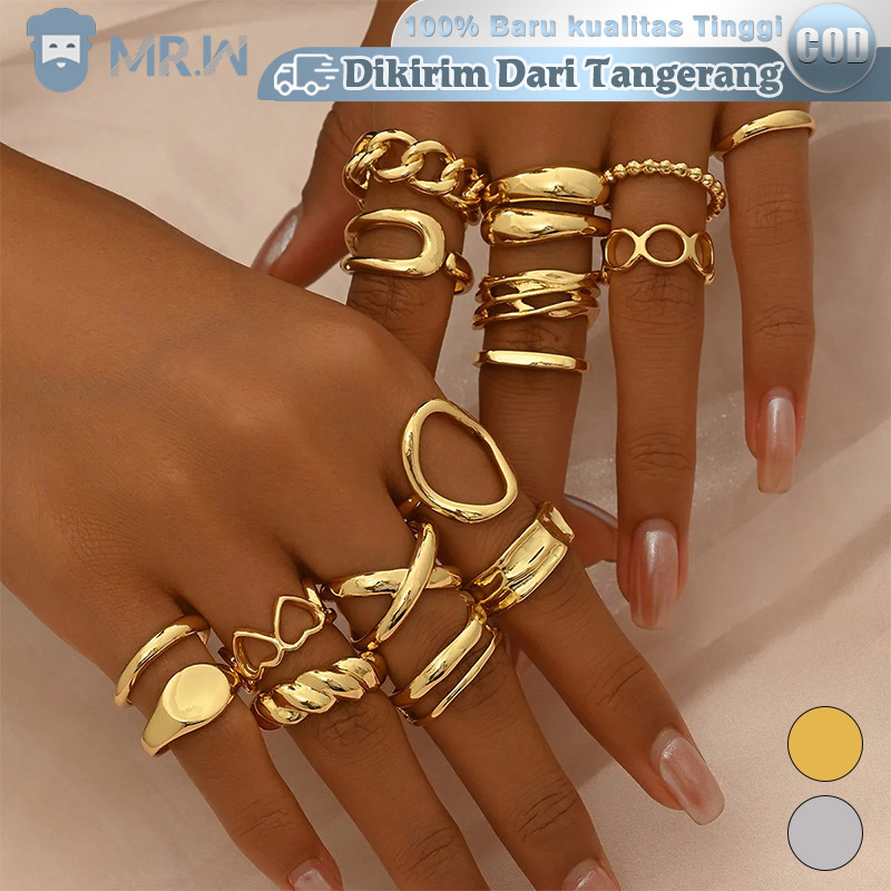 Si 10 Gold-Silver Statement Ring Set Set Cincin Vintage Cincin Buku Jari Wanita Tidak Beraturan Cinc