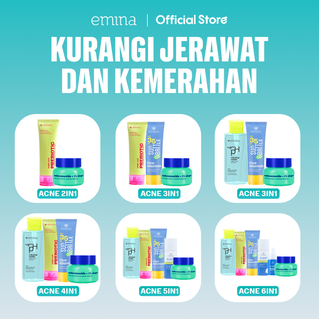 [ACNE CARE SET] Emina Bundle All in 6in1  Face Wash Acne Care + Toner + Serum + Calming Soothing Moi