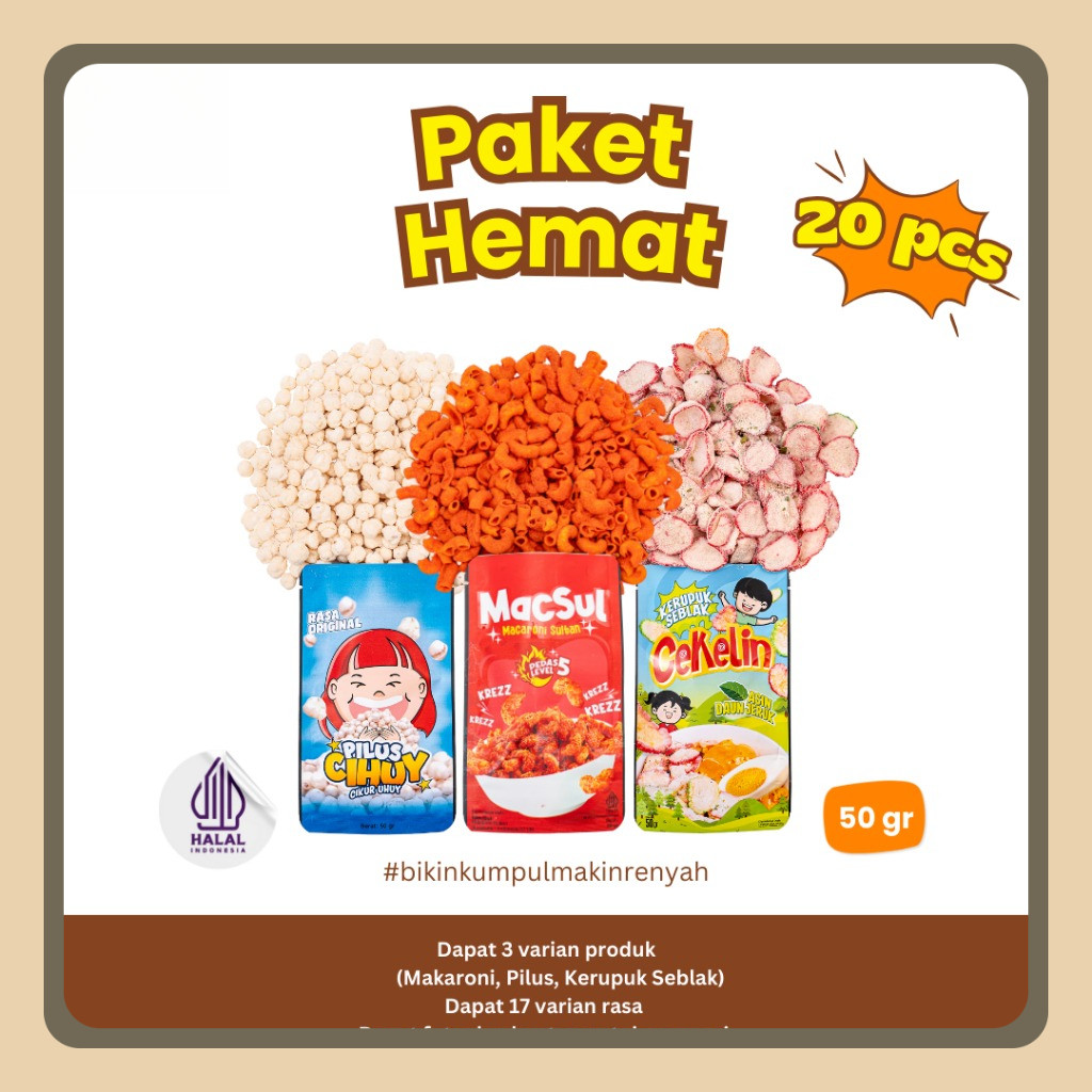

CEKELIN Cemilan Paket Hemat 20pcs - Makaroni Pilus Cikur Kerupuk Seblak - Isi 3 Varian Produk Snack