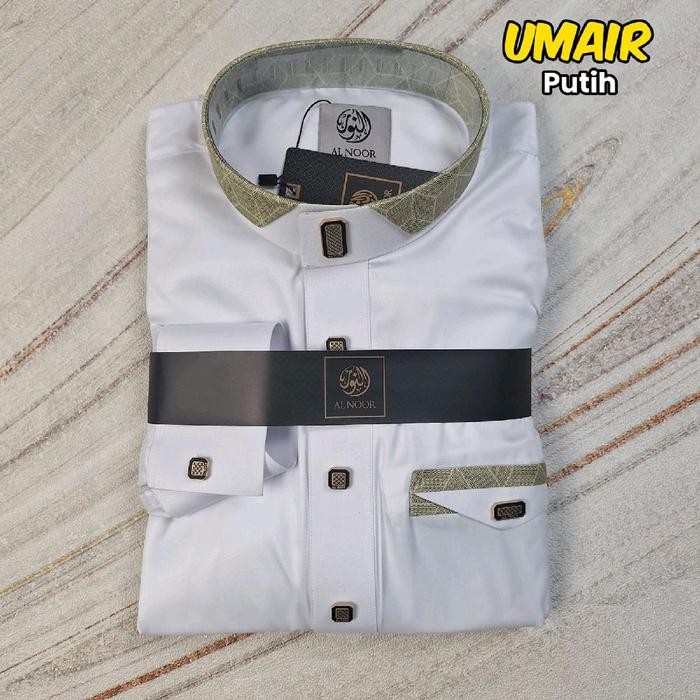 BISA COD | Baju Gamis / Jubah Al Noor Polyester Lengan Panjang Putih Model Umair - Kerah Gold, 52M
