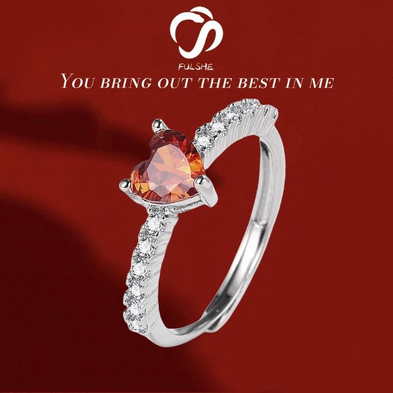 FULSHE Cincin Berbentuk Hati Berlian Merah Romantis untuk Wanita Lapisan Platinum Ring Pernikahan Be