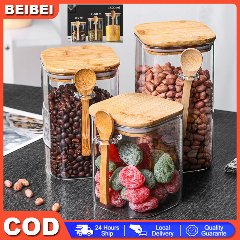 dengan penyegelan tutup bambu sendok gratis toples penyimpanan kaca toples penyimpanan kaca tertutup