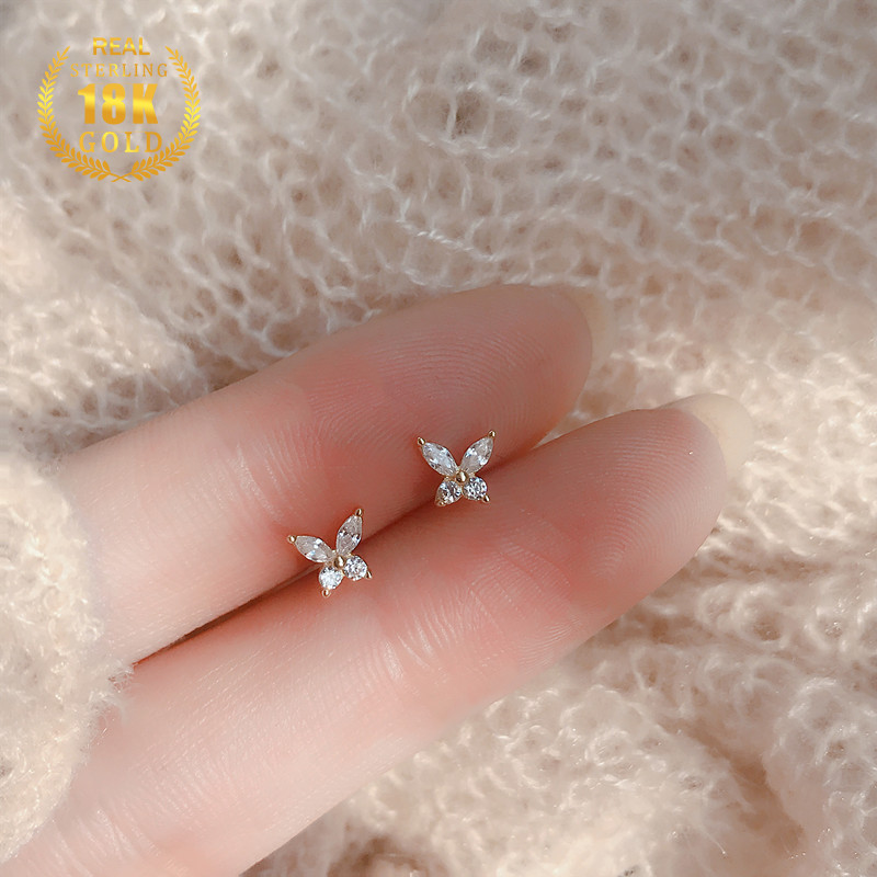 Anting Kupu-Kupu Kecil Zirkon Emas 18k Untuk Wanita